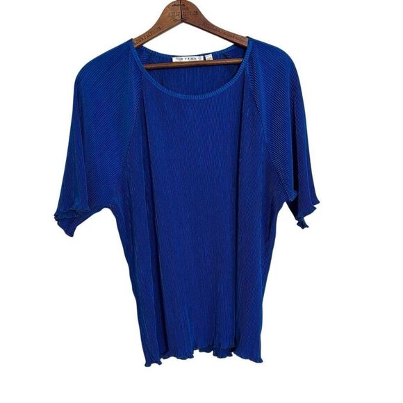 Cyrus Ribbed Round Neck Stretch Short Sleeve Ruffled Pullover Blouse Blue XL - Picture 1 of 8